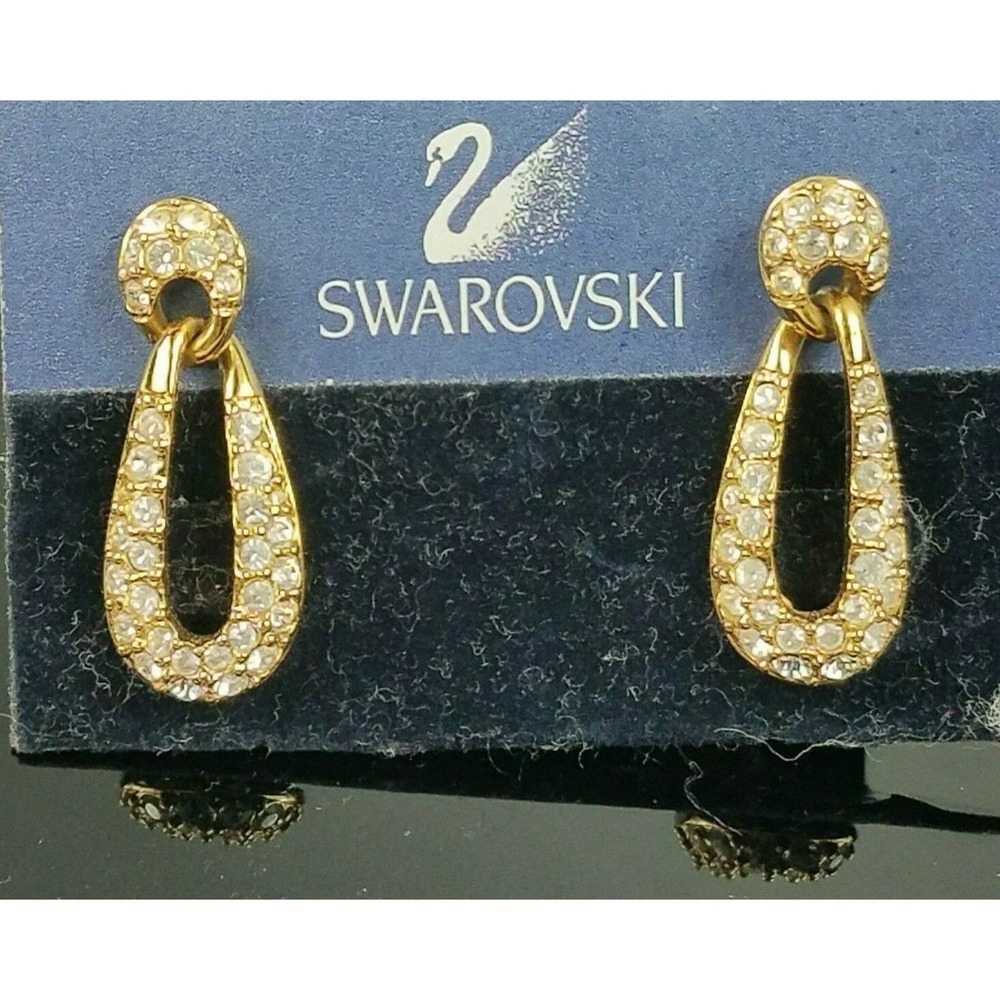 Swarovski Dangle Door Knocker Pave Earrings Rose Gold Signed New Old Stock NOS